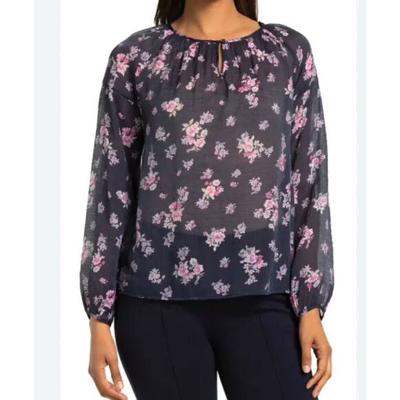 5--- Vince Camuto Peaceful Bouquet Keyhole Floral Long Sleeve Blouse Size Medium - Picture 1 of 12